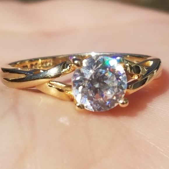 14k Solid Yellow Gold Diamonique Engagement Ring - Picture 7 of 8